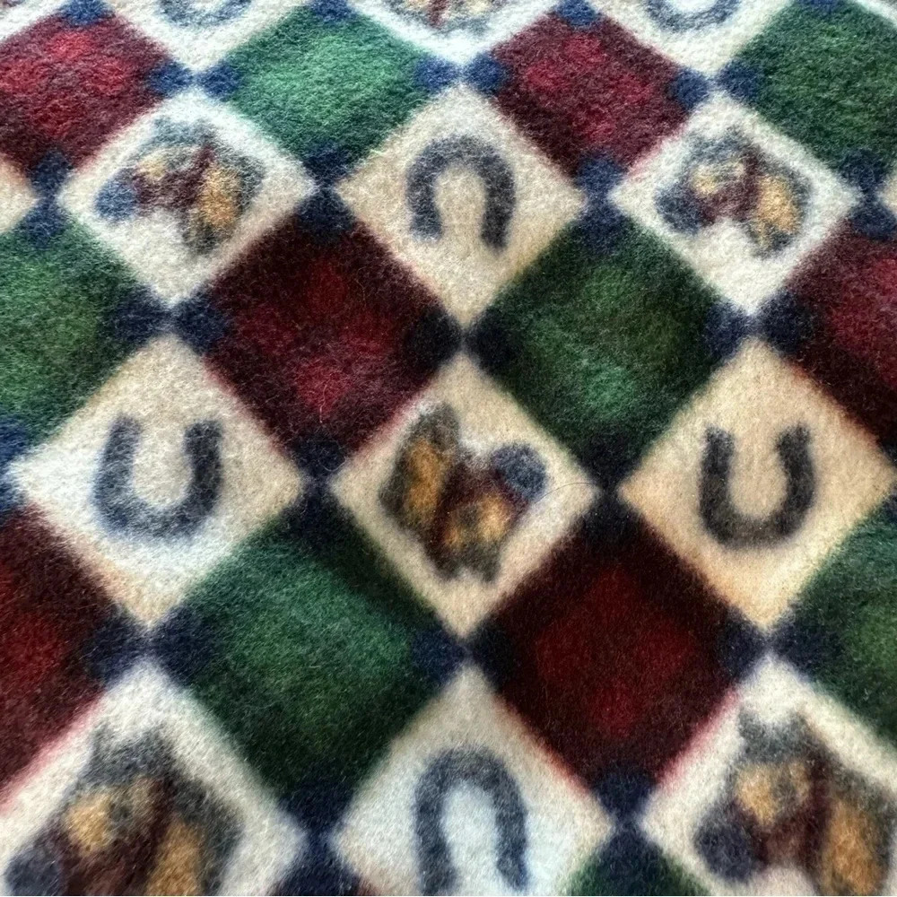 Red and Green Horse Fleece Scarf with Fringe - Picture 2 of 3